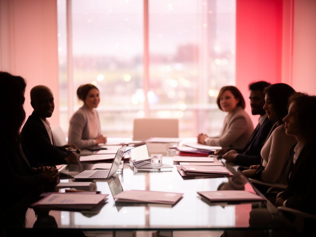 Equipo de abogados reunido en una sala de reuniones luminosa con carpetas, portátil y una mesa de cristal