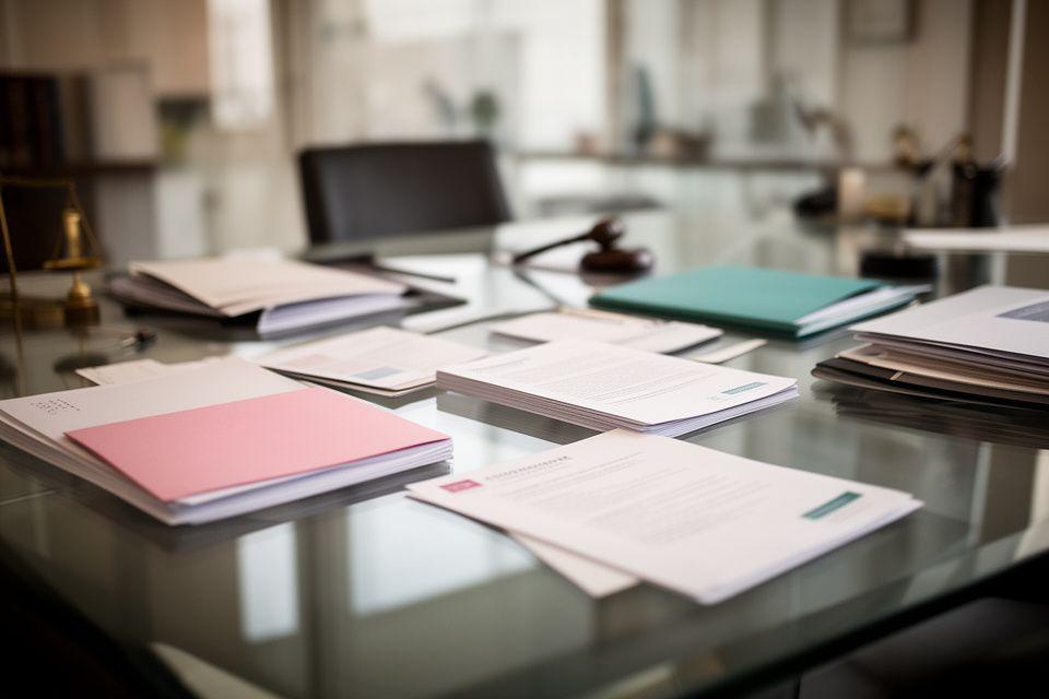Legal documents arranged on a glass desk in a modern law office with soft daylight