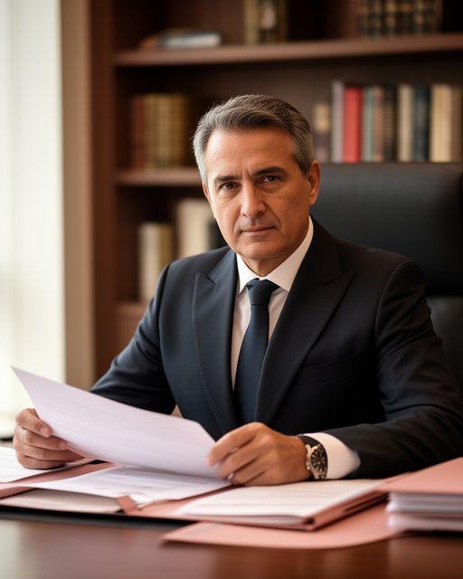 Carlos Arcilla en su despacho con traje oscuro revisando documentación jurídica junto a una biblioteca de expedientes