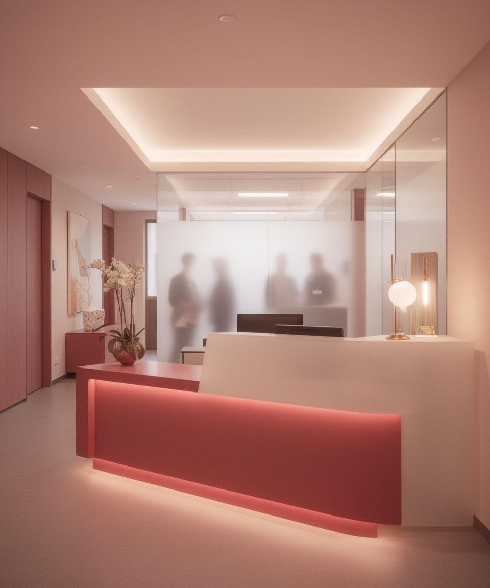 Reception area in a modern Madrid law office with warm frosted glass and a confident consultation setting