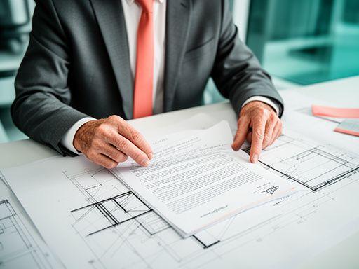 Abogado senior en oficina moderna con planos y contrato inmobiliario sobre la mesa