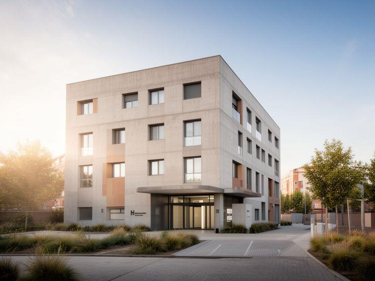 Exterior view of a contemporary office building in Tres Cantos with a discreet legal services entrance