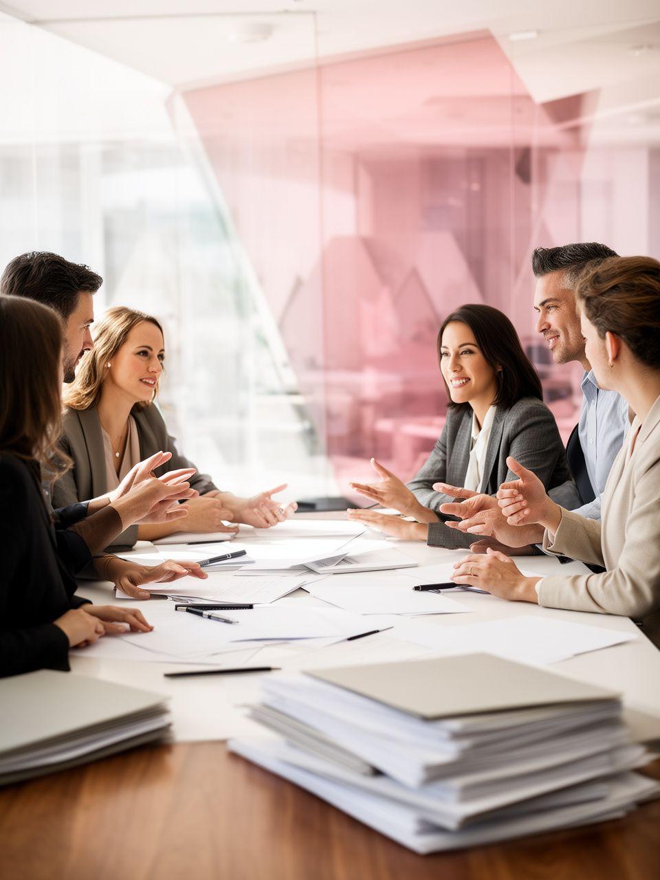 Equipo jurídico conversando alrededor de una mesa de trabajo en un despacho moderno con luz natural